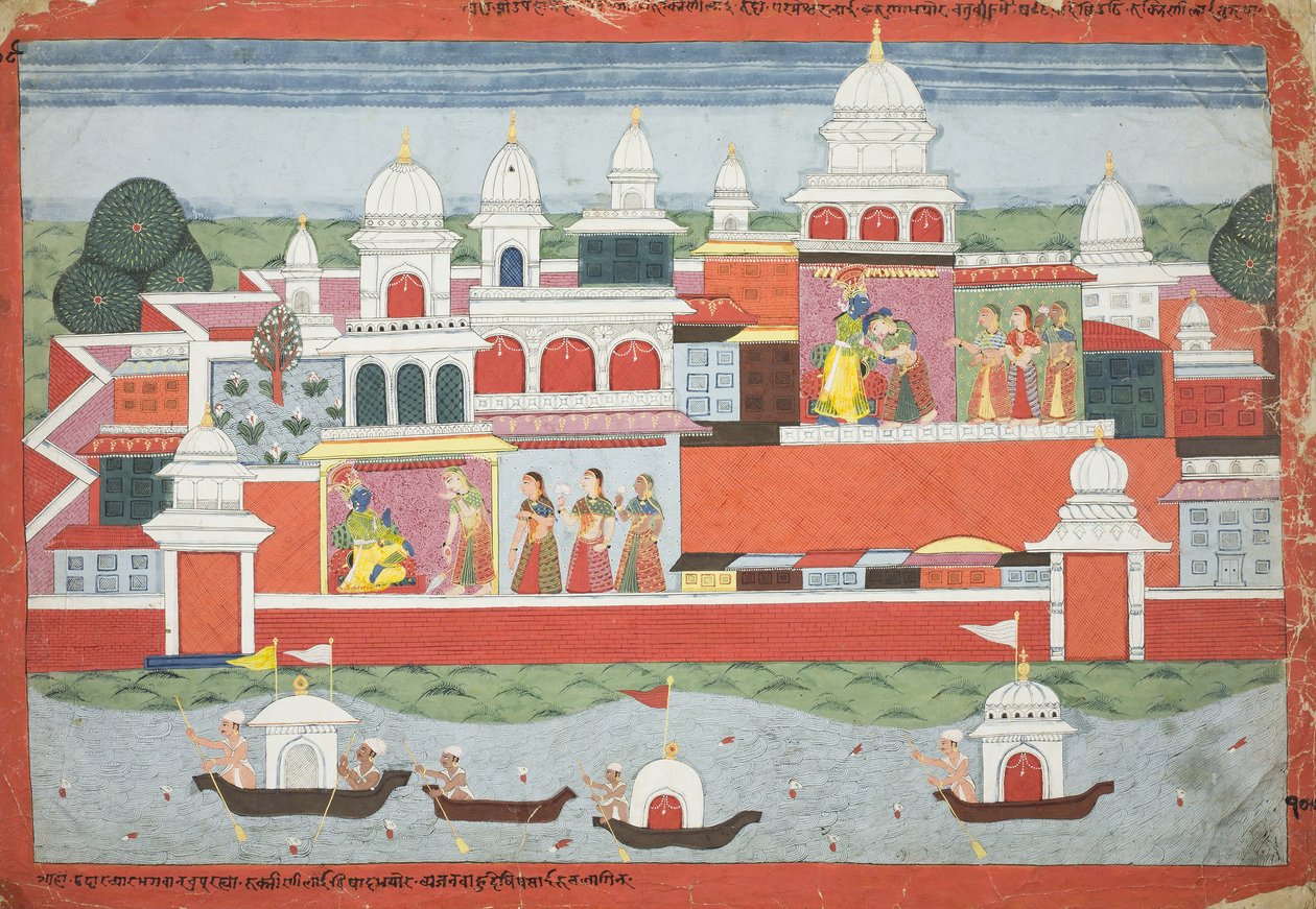 Rukmini prosi Krysznę o pozwolenie na odwiedzenie swojego brata Rukmy, strona z rękopisu Bhagavata Purany, ok. 1775 autorstwa Nepalese School