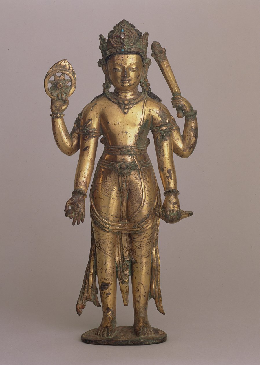 Statuetka hinduskiego boga Wisznu, ok. 1200 (brąz miedziany, ryty, złocony, wysadzany kamieniami i malowany) autorstwa Nepalese School