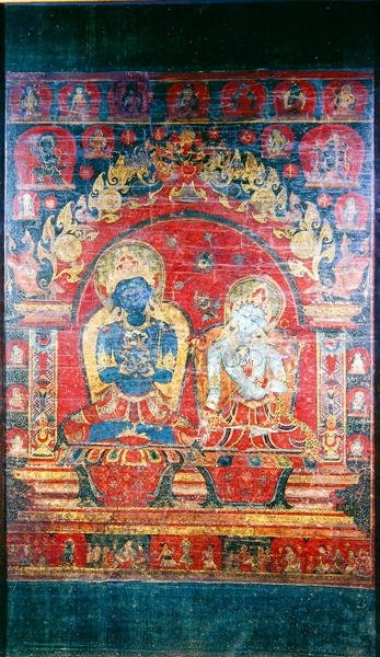 Malowidło Thangka przedstawiające Adibuddę Wadżradharę (gwasz na jedwabiu) autorstwa Nepalese School