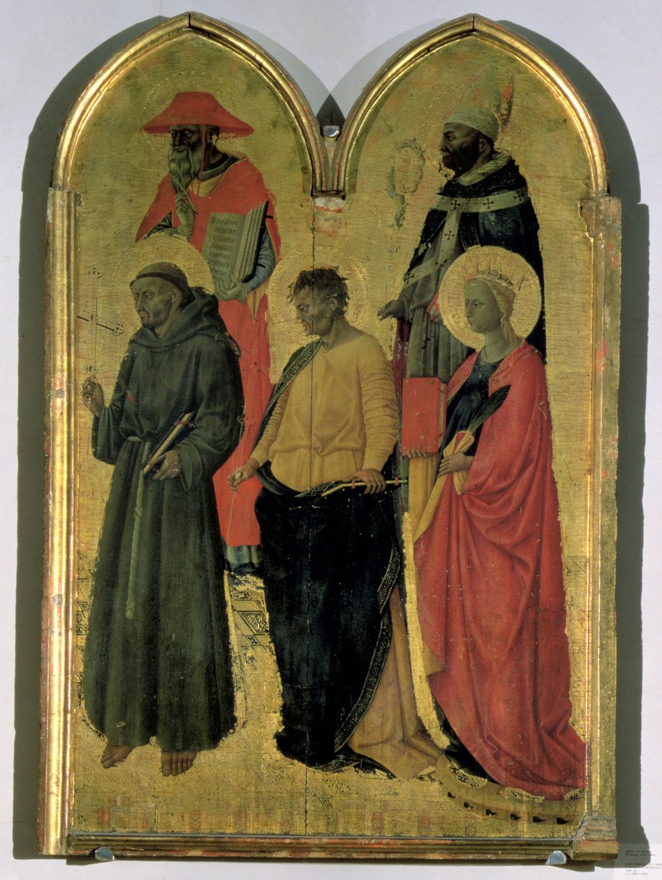 Św. Franciszek, Św. Hieronim, Św. Filip, Św. Katarzyna i święty biskup, ok. 1444 (tempera na panelu) autorstwa Neri di Bicci
