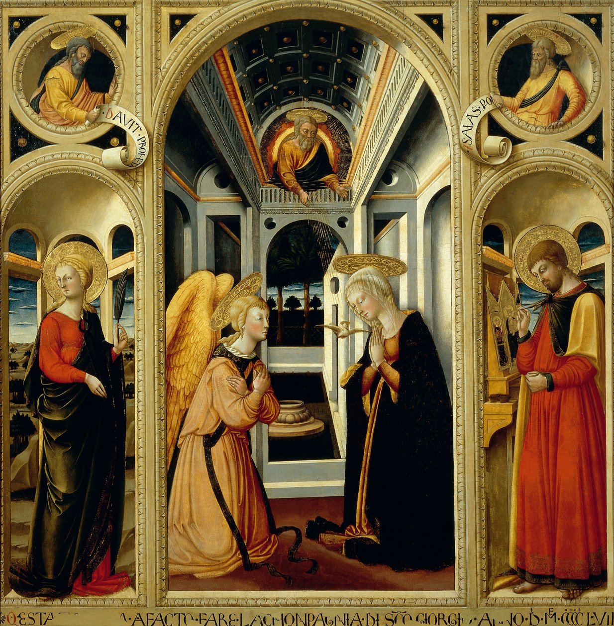 Zwiastowanie przedstawiające św. Apolonię, św. Łukasza oraz proroków Dawida i Izajasza, autor: Neri di Bicci (1418-1492) autorstwa Neri di Bicci