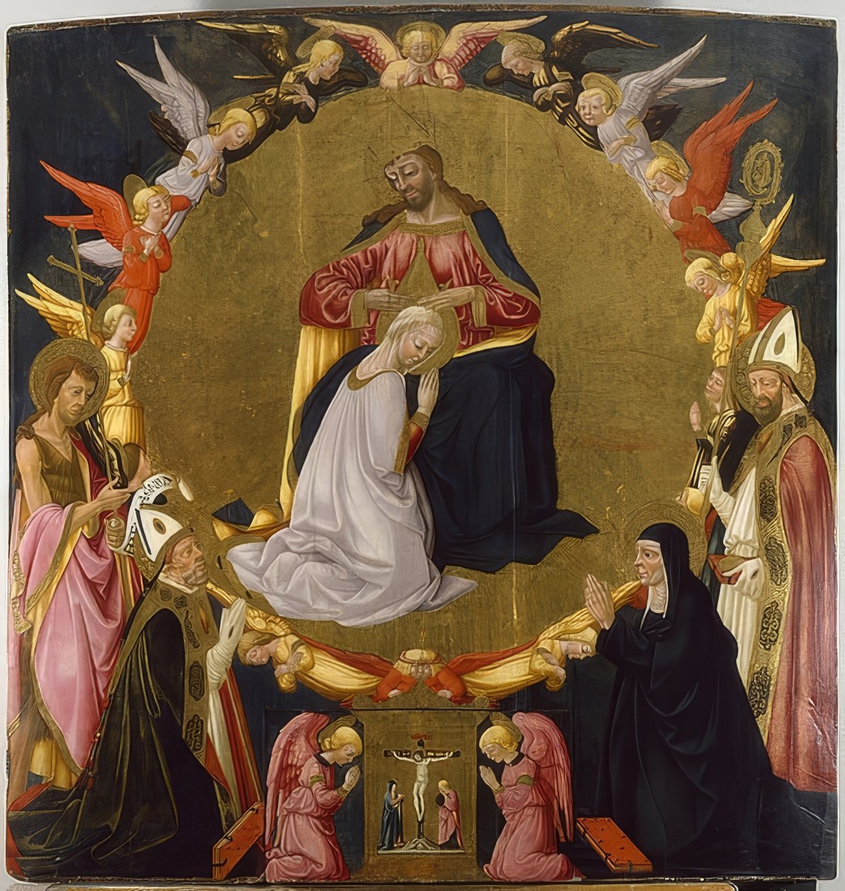 Koronacja Maryi z aniołami i czterema świętymi. Około 1470 autorstwa Neri di Bicci
