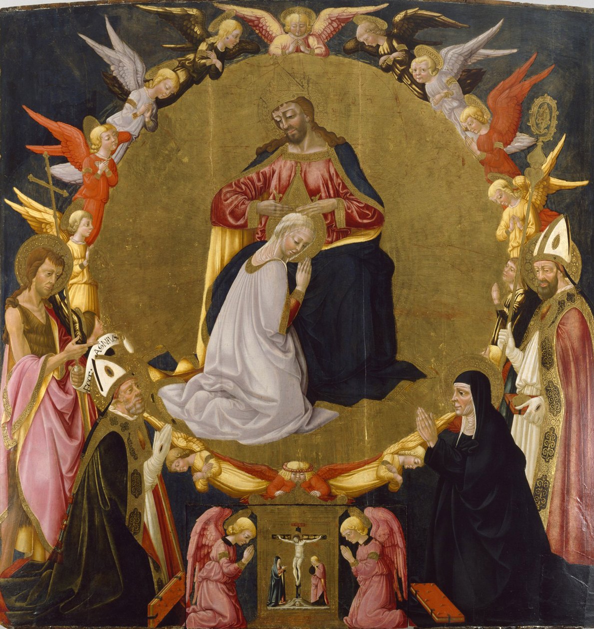 Koronacja Dziewicy z Aniołami i Czterema Świętymi, ok. 1470-75 (tempera i złoty płatek na desce) autorstwa Neri di Bicci