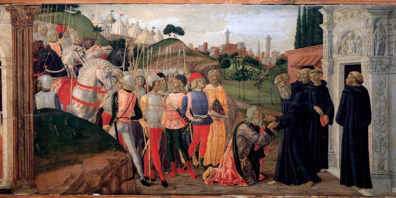 Totila, król Ostrogotów z wizytą u Benedykta z Nursji - Fragment Predelle, ok. 1930 r. 1470 autorstwa Neroccio di  Landi