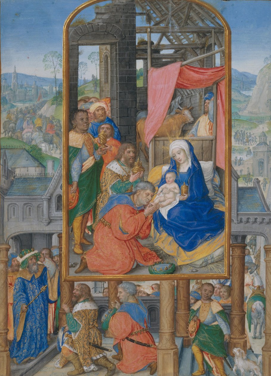 Iluminacja rękopisu z Pokłonem Trzech Króli, ok. 1515-25 (tempera, atrament i złoto na pergaminie) autorstwa Netherlandish School