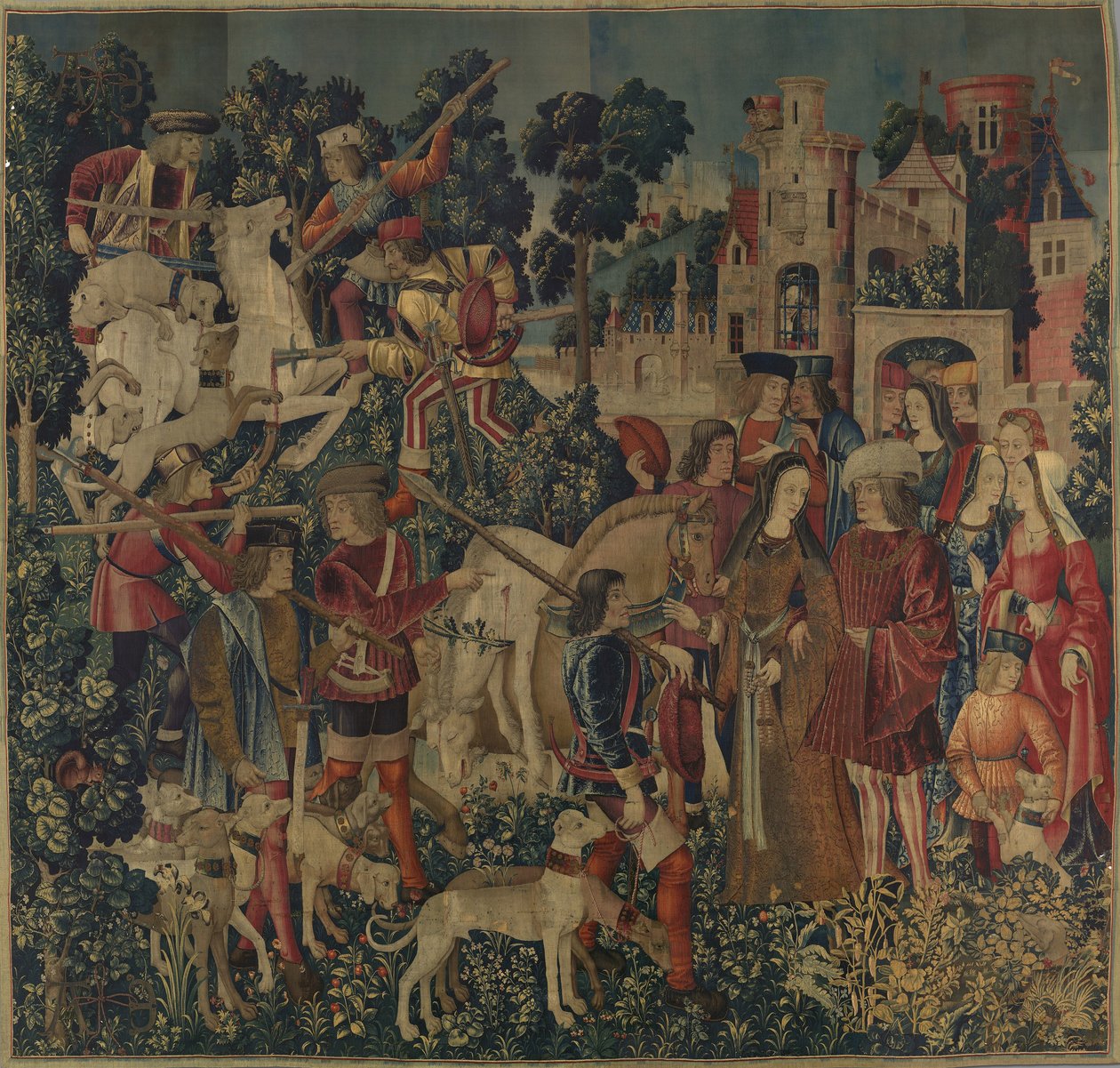 Jednorożec zostaje zabity i sprowadzony do zamku, ok. 1500 (osnowa z wełny, jedwabiu, srebra i pozłacanych wątków) autorstwa Netherlandish School