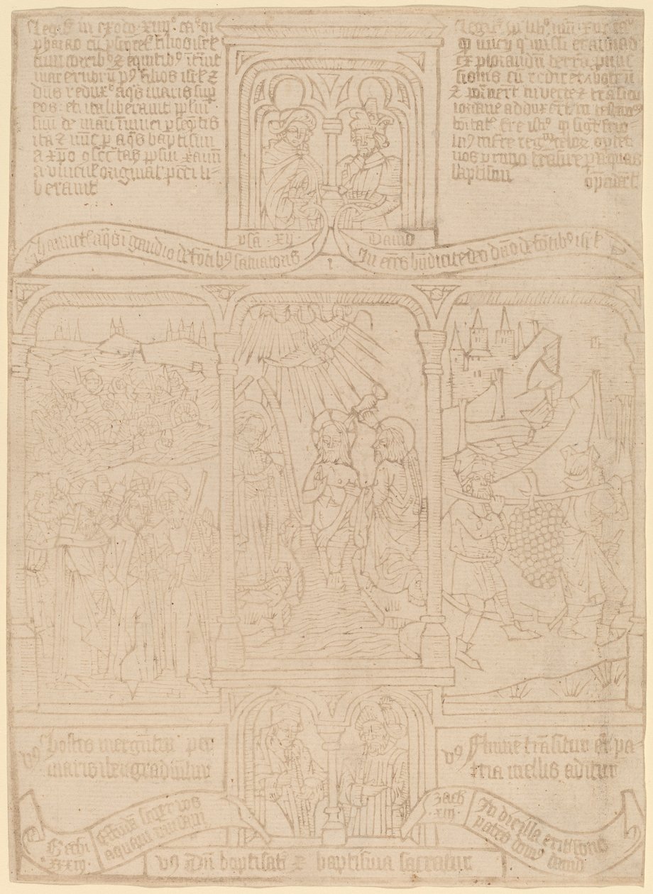Chrzest Chrystusa; Faraon przechodzący przez Morze Czerwone; Jozue i Kaleb autorstwa Netherlandish 15th Century