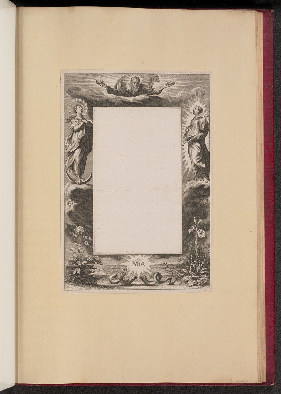 Ilustracja z obramowaniem z Bogiem Ojcem, dwoma świętymi i wężem autorstwa Netherlandish 17th Century