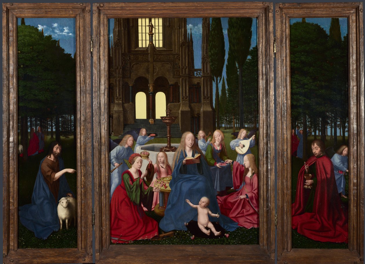 Dziewica z Dzieciątkiem ze świętymi i aniołami w ogrodzie, c. 1500 autorstwa Netherlandish Master