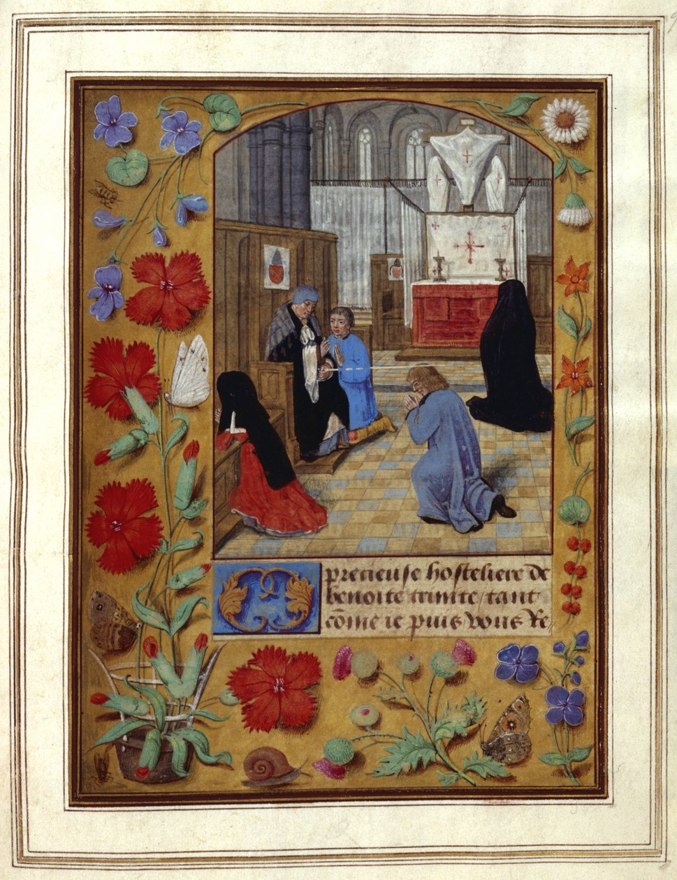 Dodać. 25698, f.9 Post i modlitwa w kościele, ilustracja z „Księgi godzin”, c.1492 (tusz i kolor na welinie) autorstwa Netherlandish School