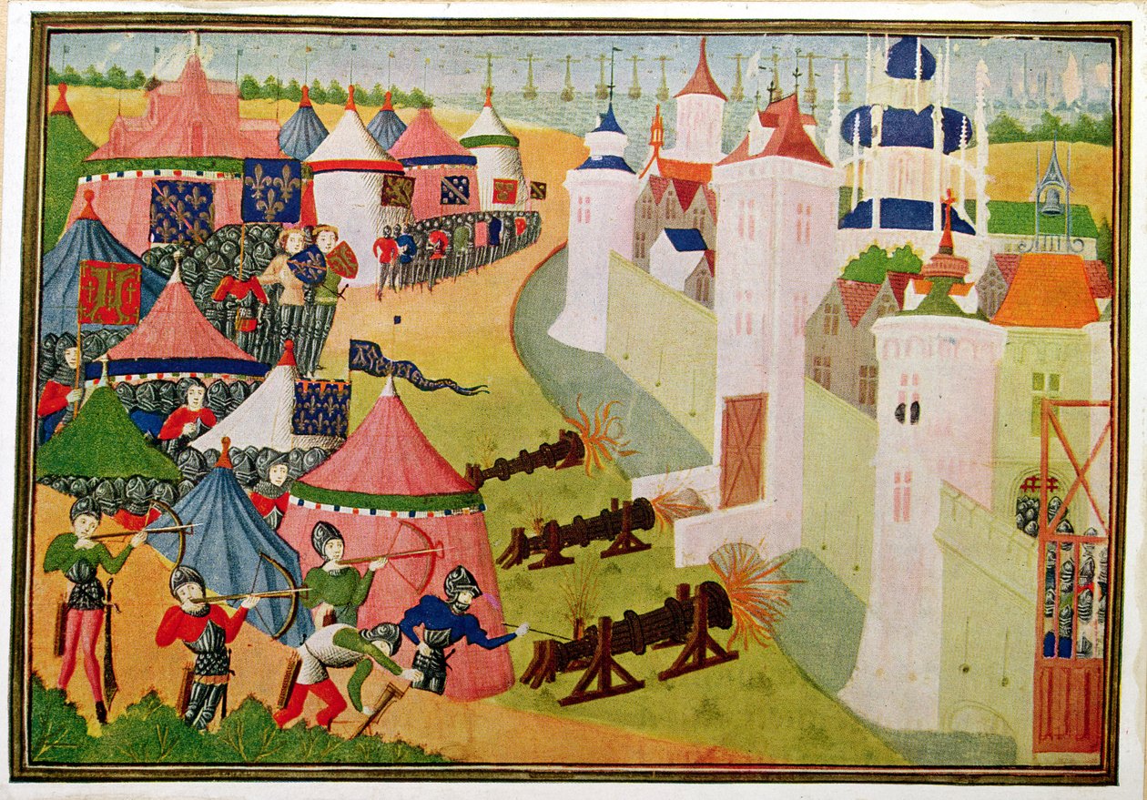 Harl 4379 f.83v Napaść na twierdzę piratów w Afryce Północnej (Mahedia) z „Kroniki Froissart”, Brugia autorstwa Netherlandish School