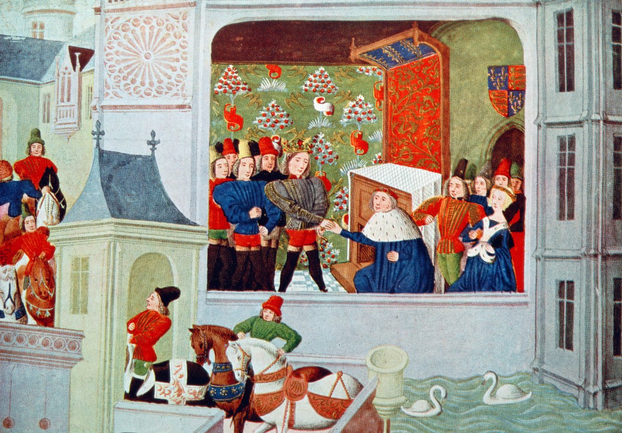Harl 4380 f.117 Wywiad z Ryszardem II i księciem Gloucester w zamku Pleshy, z „Kroniki Froissart” autorstwa Netherlandish School