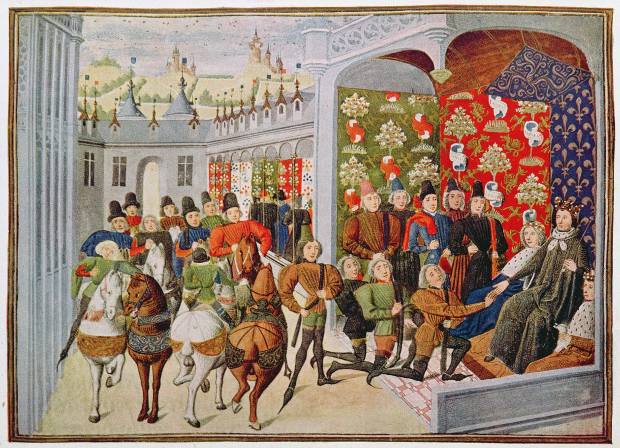 Harl 4380 f.40 Król Karol VI z Francji przyjmuje posłów angielskich z „Kroniki Froissart”, Brugia autorstwa Netherlandish School