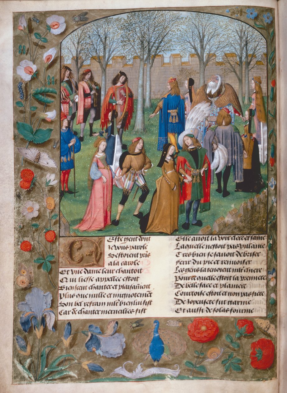 Harl 4425 f.14v Carolle in the Garden, z „Roman de la Rose”, Brugia, c.1490-1500 (welum) autorstwa Netherlandish School