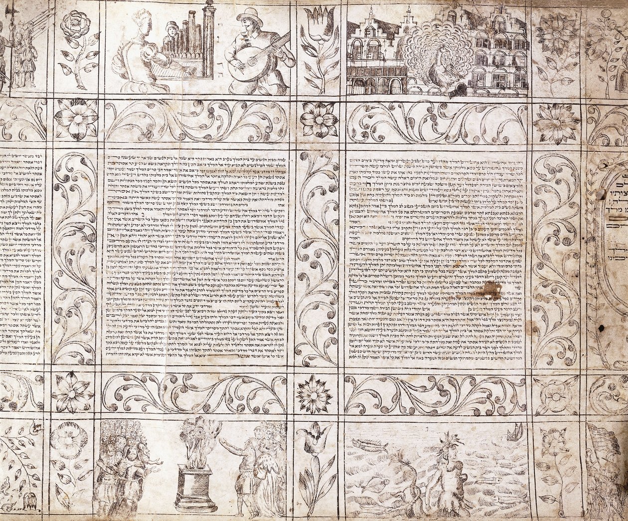 Iluminowany rękopis pismem sefardyjskim, przedstawiający sceny z życia Holendrów i Biblię z kartuszami kwiatowymi, XVII w. autorstwa Netherlandish School