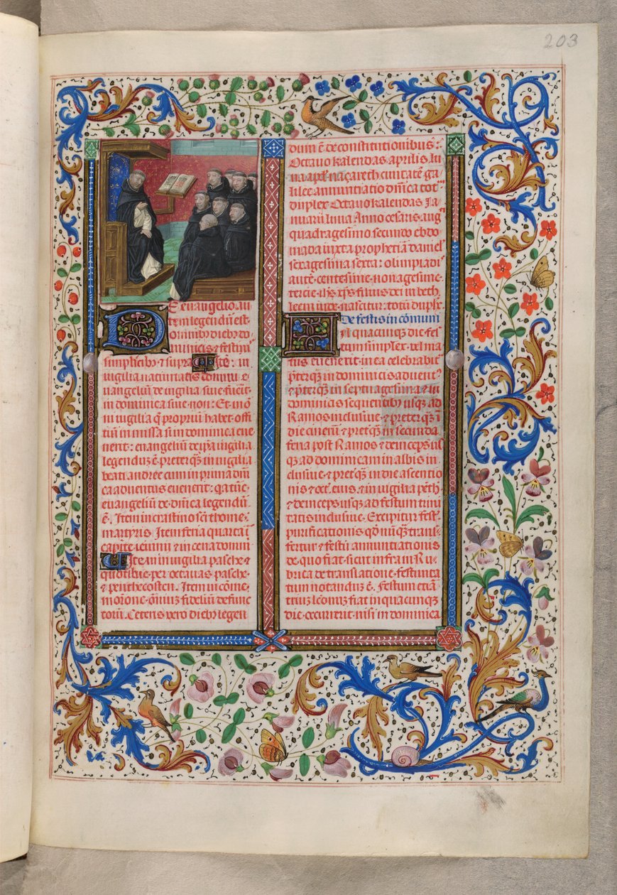MS 18851, f.203r Dominikanin czytający swoim współbraciom (Rubryki na święta), Brewiarz, Użycie dominikanów („Brewiarz królowej Izabeli Kastylijskiej”) autorstwa Netherlandish School