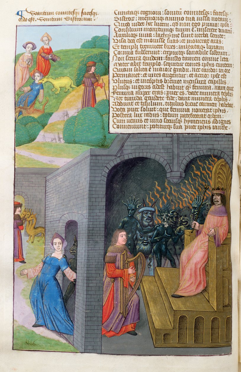 Ms 324 f.101 przeciwko Orfeuszowi i Eurydyce, Cerberus i Pluton, z Metamorfoz 10 Owidiusza, 1479 autorstwa Netherlandish School