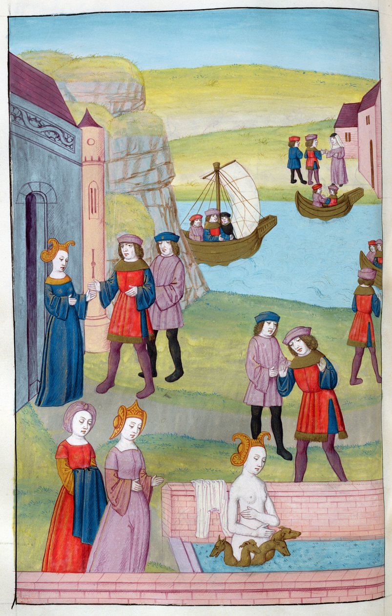 Ms 324 f.137 przeciwko Scylla odrzuca Glauka, eliksir miłości Circes deformuje Scyllę, z Metamorfoz 14 Owidiusza, 1479 autorstwa Netherlandish School