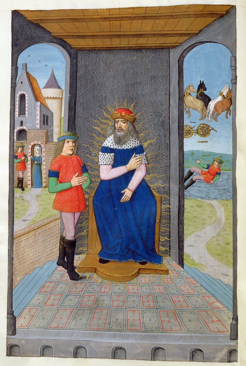 Ms 324 f.25 przeciwko Phaeton pożycza rydwan od ojca i zostaje zabity, z Metamorfoz 2 Owidiusza, 1479 autorstwa Netherlandish School