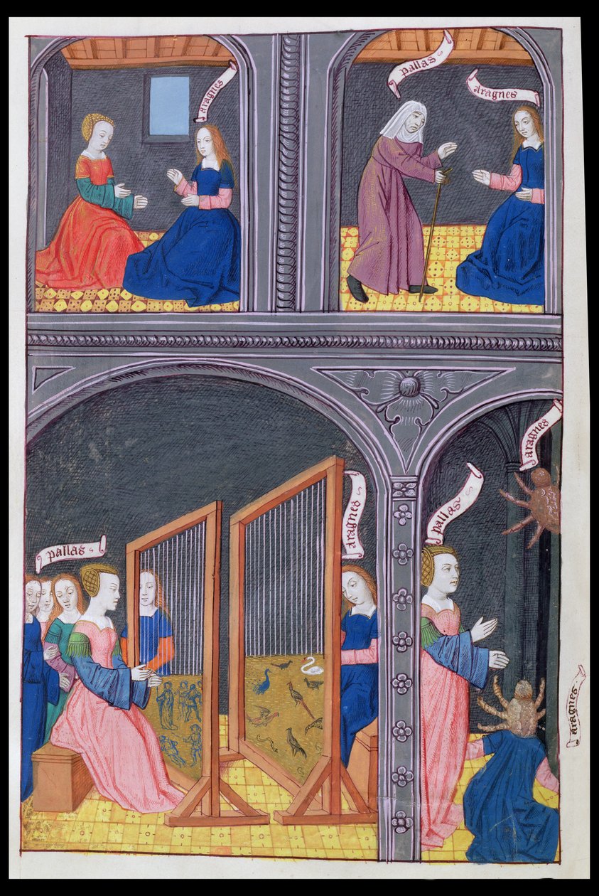 Ms 324 f.62 v. Arachne rzuca wyzwanie Pallasowi i staje się pająkiem, z Metamorfoz 6 Owidiusza, 1479 autorstwa Netherlandish School