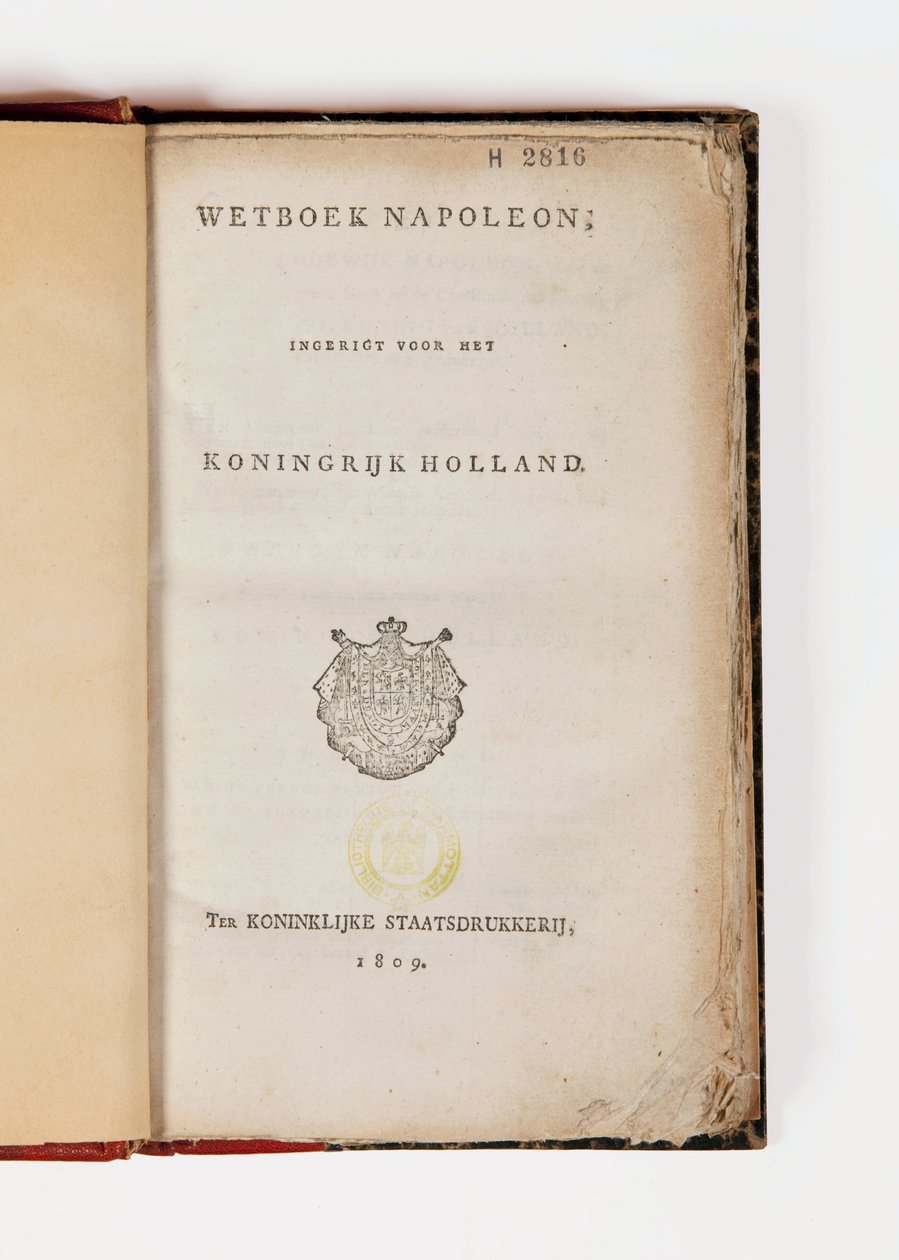 Kodeks Napoleona Królestwa Niderlandów, otwarty na stronie tytułowej, wyd. Koninklijke Staatsdrukkerij, 1809 (papier drukowany) autorstwa Netherlandish School