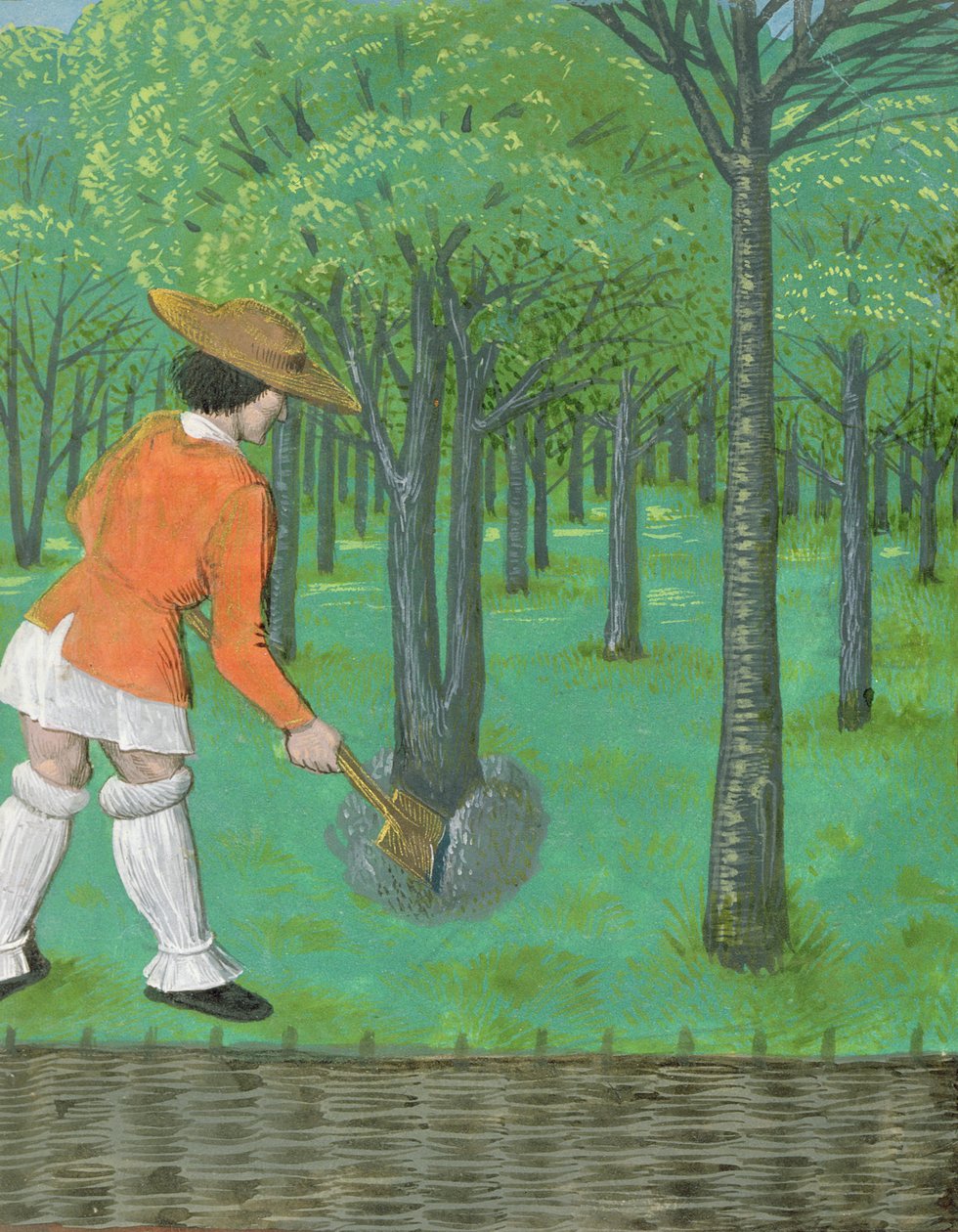 Roy 14 E VI f.28 Człowiek z łopatą w sadzie, z „Rustican du cultivement des terres”, stracony dla Edwarda IV, Brugia autorstwa Netherlandish School