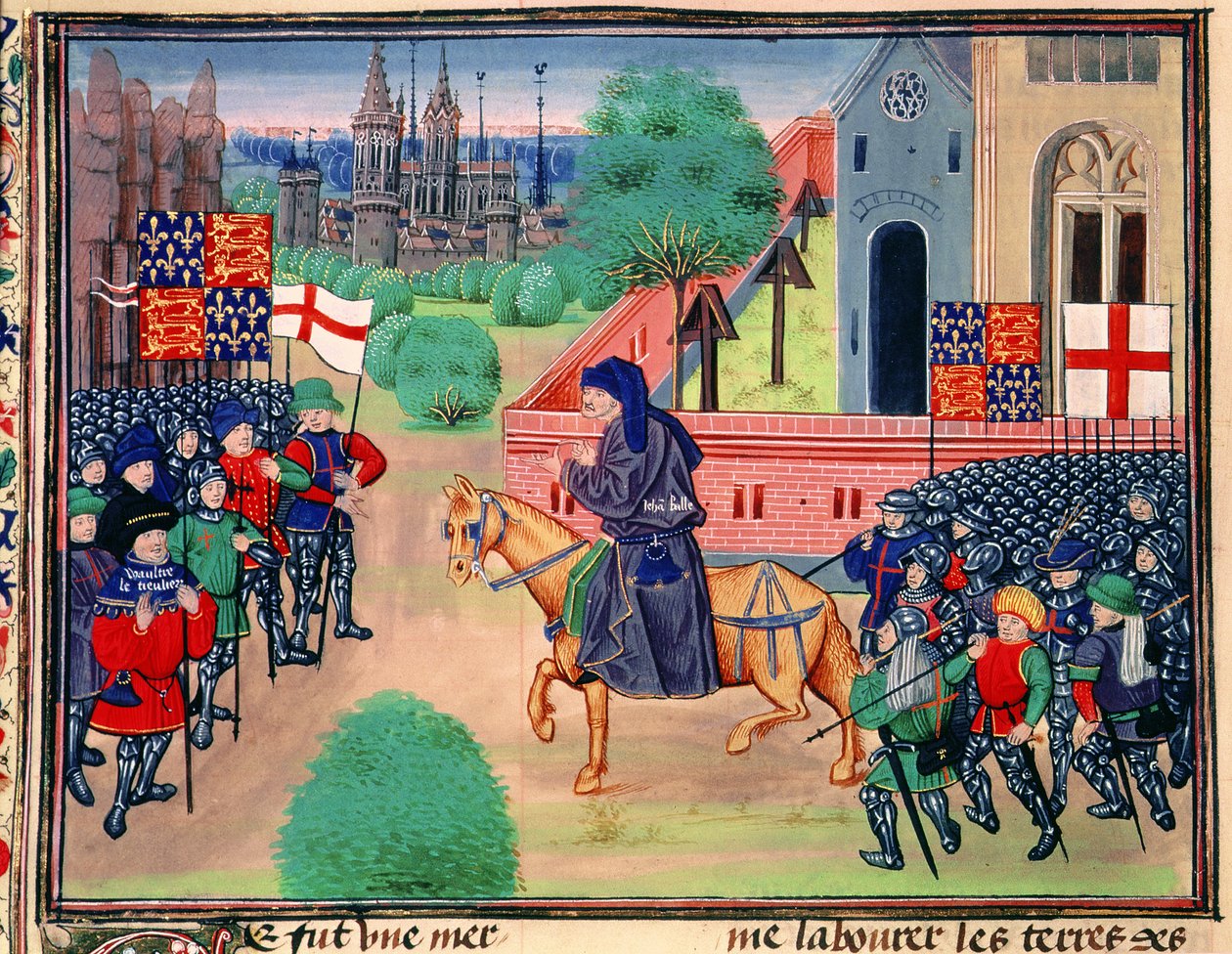 Roy 18 E I f.165v Bunt chłopski z chorągwiami Anglii i św. Jerzego, John Ball na czele rebeliantów, ilustracja z „Chroniques de France et d