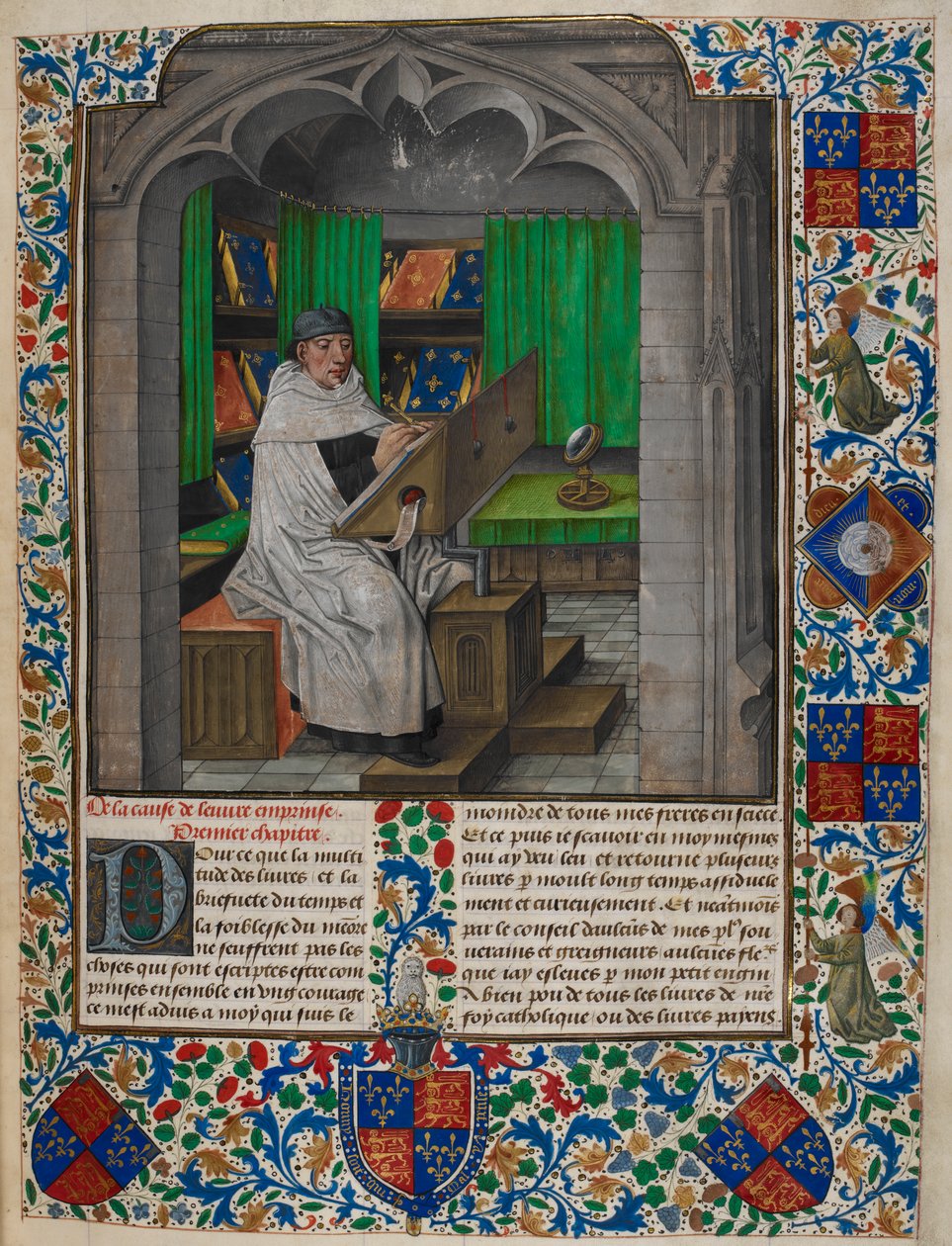 Royal 14 E. I f.3 Vincent de Beauvais czytający przy biurku, z „Speculum Historiale, Book I”, autorstwa Wincentego z Beauvais i Jeana de Vignay (welum) autorstwa Netherlandish School