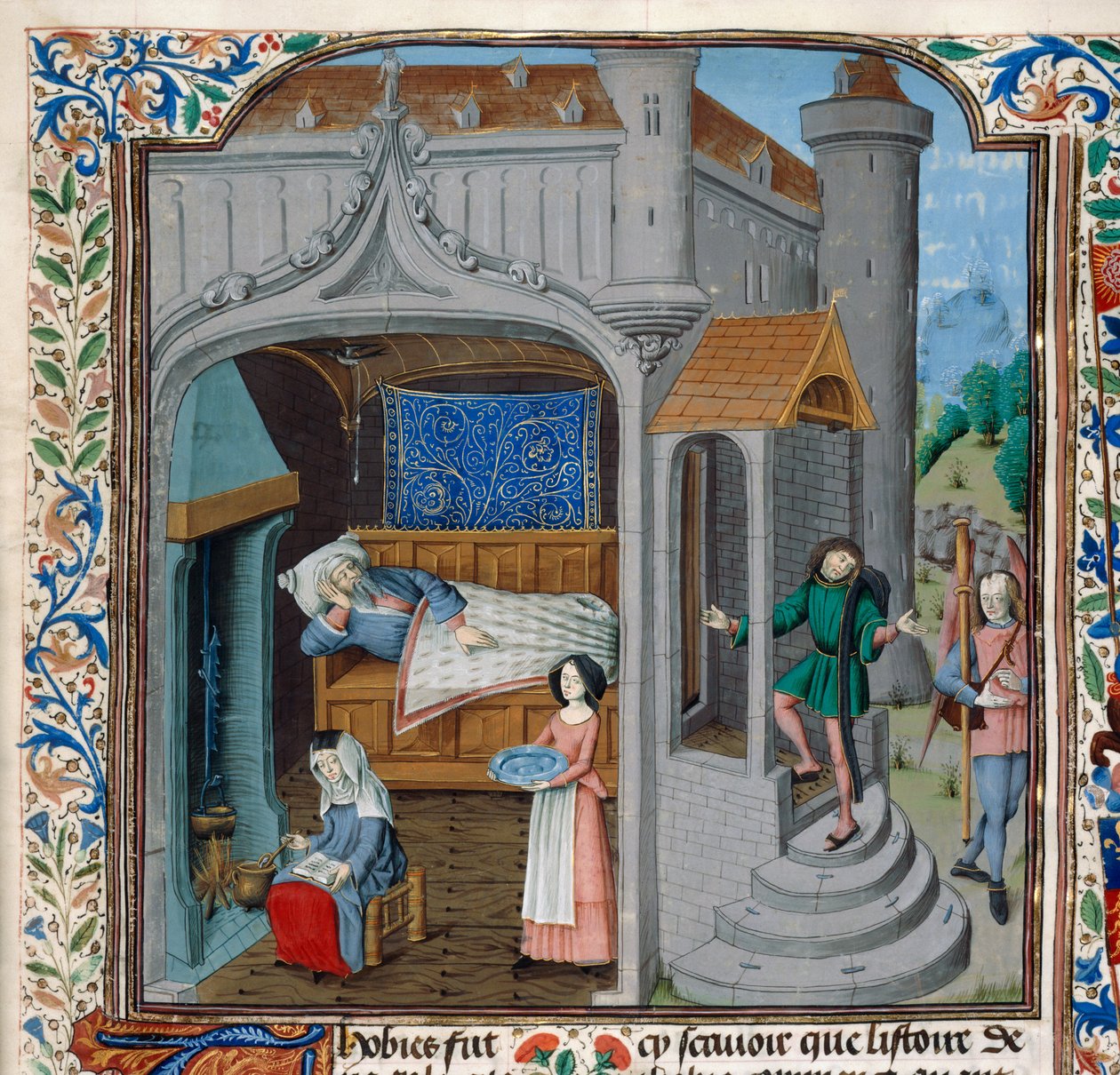 Royal 15 D,I, f.18, Oślepienie i uzdrowienie Tobita (welum) autorstwa Netherlandish School