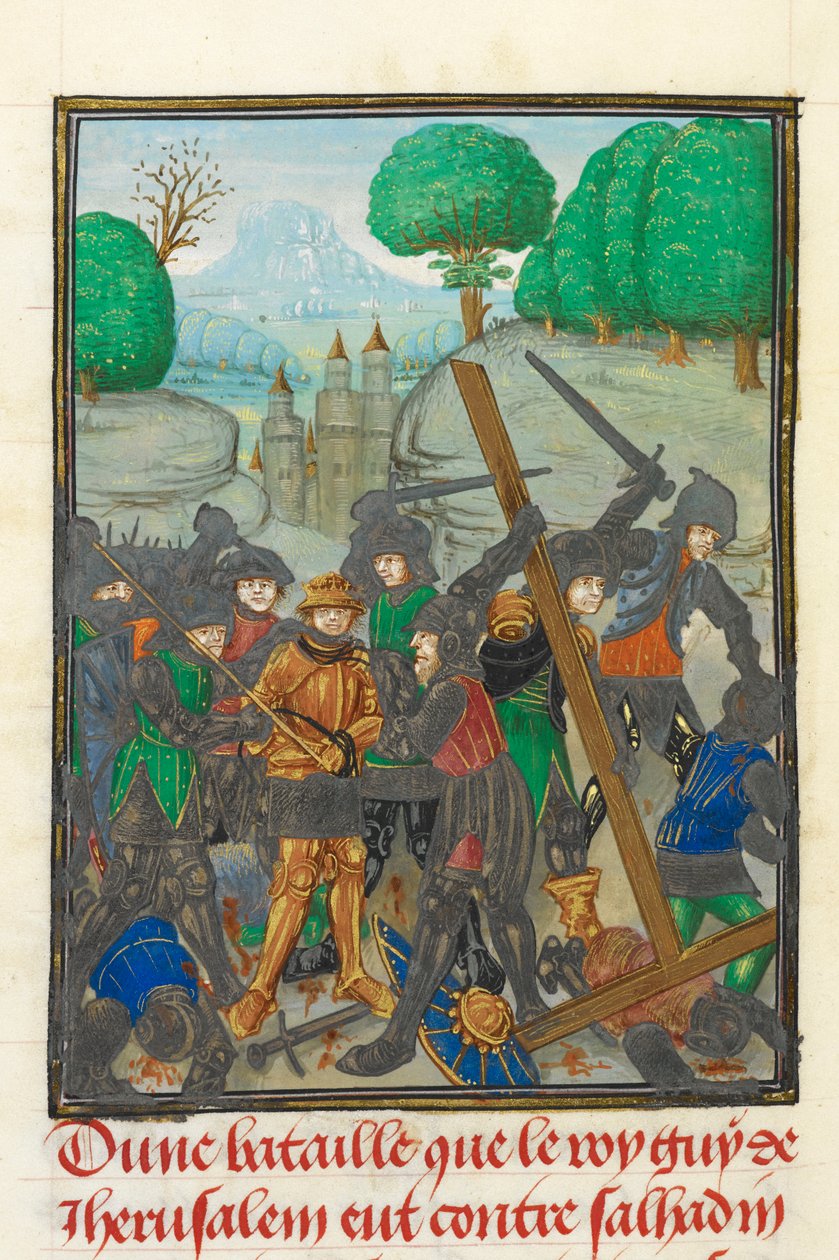 Royal 15 E.I, f.433v Klęska Guy de Lusignan i utrata Świętego Krzyża, ilustracja z „Historii wypraw krzyżowych” autorstwa Williama, arcybiskupa Tyru autorstwa Netherlandish School
