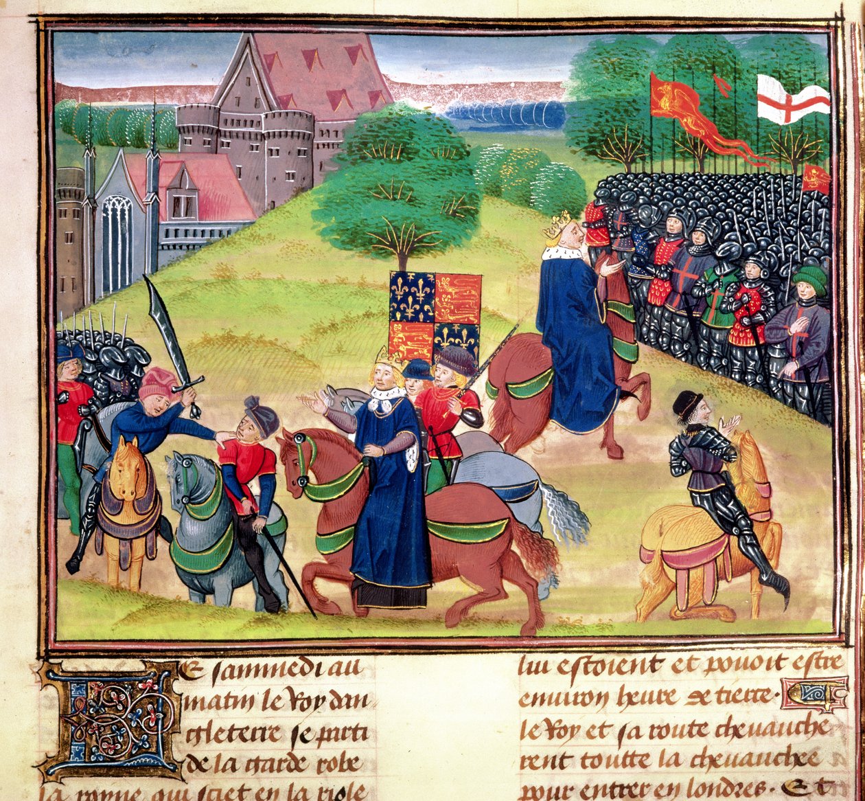 Royal 18 E.1, F.175 Śmierć Wata Tylera w Smithfield w Londynie w 1381 r. podczas buntu chłopskiego, ilustracja z „Chroniques de France et d