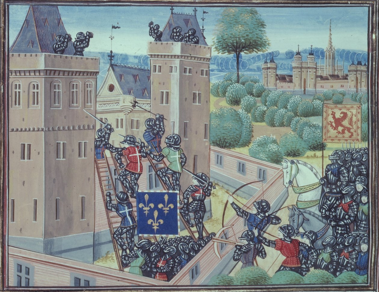 Royal 18 E.1 fol.345 Zdobycie zamku Wark przez Francuzów i Szkotów, z księgi II „Chroniques de France et d