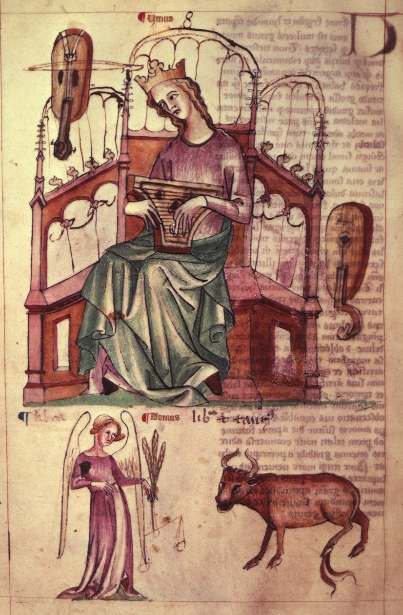 Sloane 3983 fol.42v Wenus grająca na psałterzu, z „Księgi astrologii” (welum) autorstwa Netherlandish School