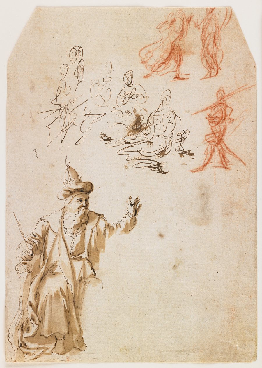 Studium proroka Starego Testamentu i inne studia postaci (recto); Studium postaci męskiej ze liną (verso) (długopis i brązowy tusz i wash, czerwona i czarna kreda) autorstwa Netherlandish School