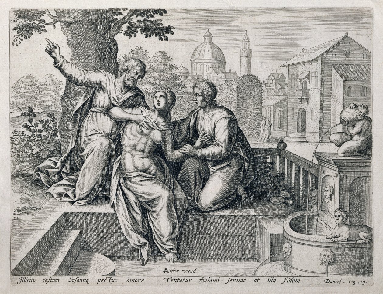 Zuzanna i starsi z cyklu ilustrującego sceny z Biblii, wyd. Claes Jansz Visscher (ok.1550-c.1612) ok.1590 autorstwa Netherlandish School