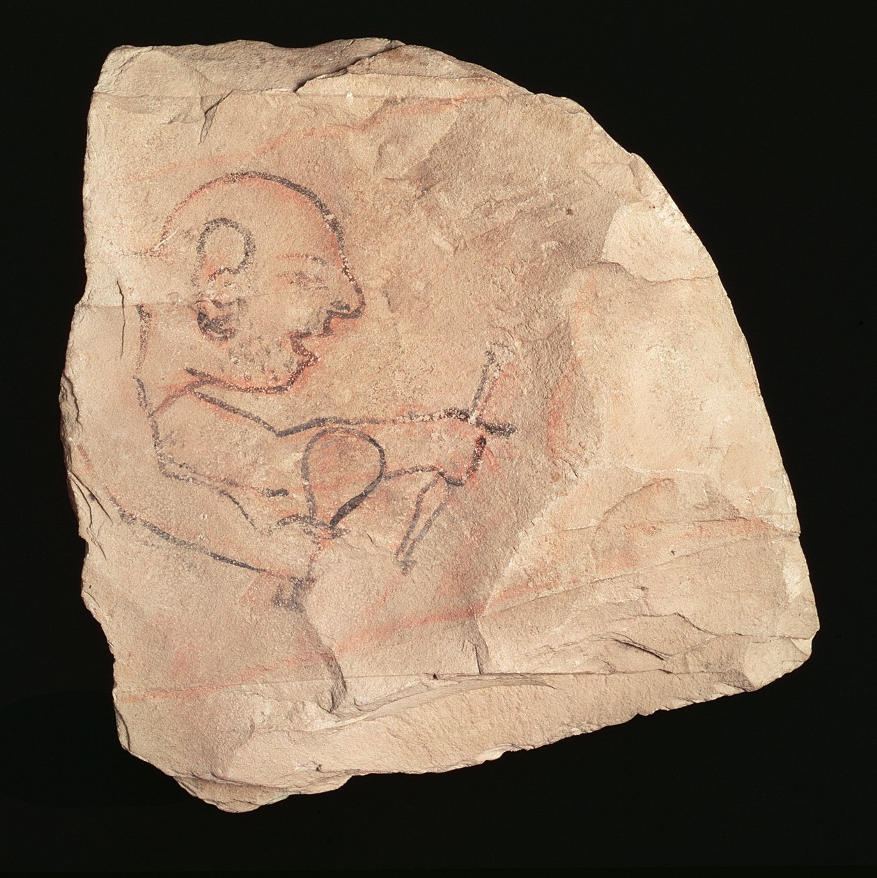 Ostracon przedstawiający nieogolonego kamieniarza, prawdopodobnie z Deir el-Medina, XIX-XX dynastia, 1200-1153 pne (malowany wapień) (patrz także 282583) autorstwa New Kingdom Egyptian
