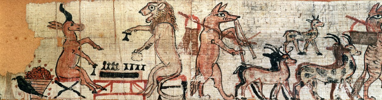 Papirus satyryczny, szczegół z lewej strony przedstawiający lwa i antylopę grających w senet, z Teb, ok. 1100 r. p.n.e. (patrz także 85722) autorstwa New Kingdom Egyptian