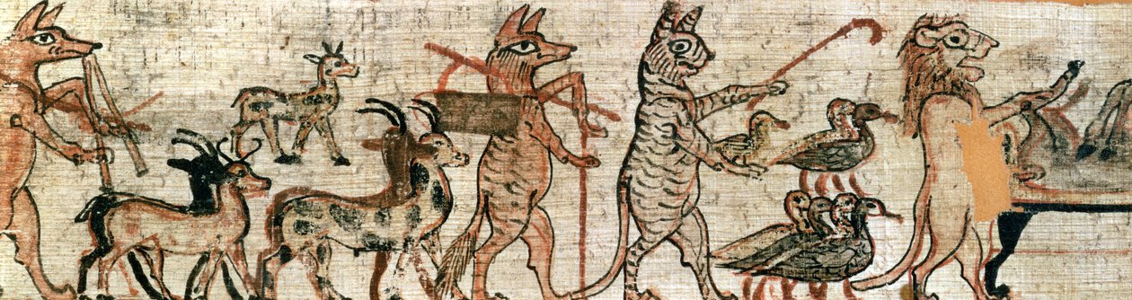 Papirus satyryczny, fragment z prawej strony przedstawiający kota pasącego gęsi i lwa mumifikującego osła, z Teb, ok. 1100 r. p.n.e. (patrz także 85721) autorstwa New Kingdom Egyptian