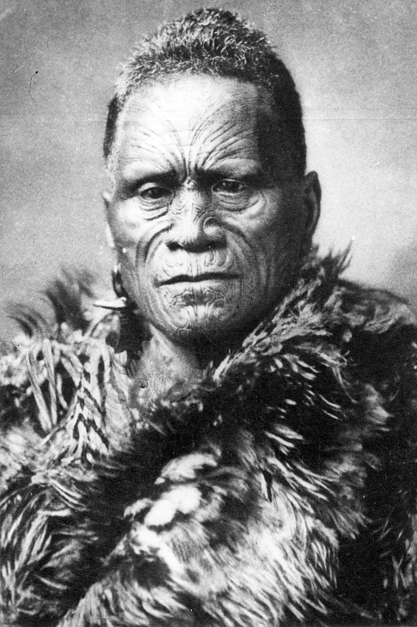 Portret mężczyzny maoryskiego, przed 1880 r. autorstwa New Zealander Photographer