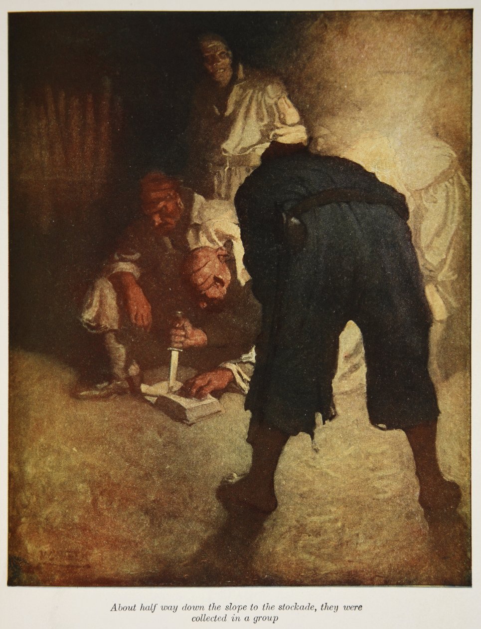 Mniej więcej w połowie drogi w dół zbocza w kierunku stajni, zebrali się w grupę, ilustracja z "Wyspy Skarbów" Roberta Louisa Stevensona, wyd. Charles Scribner