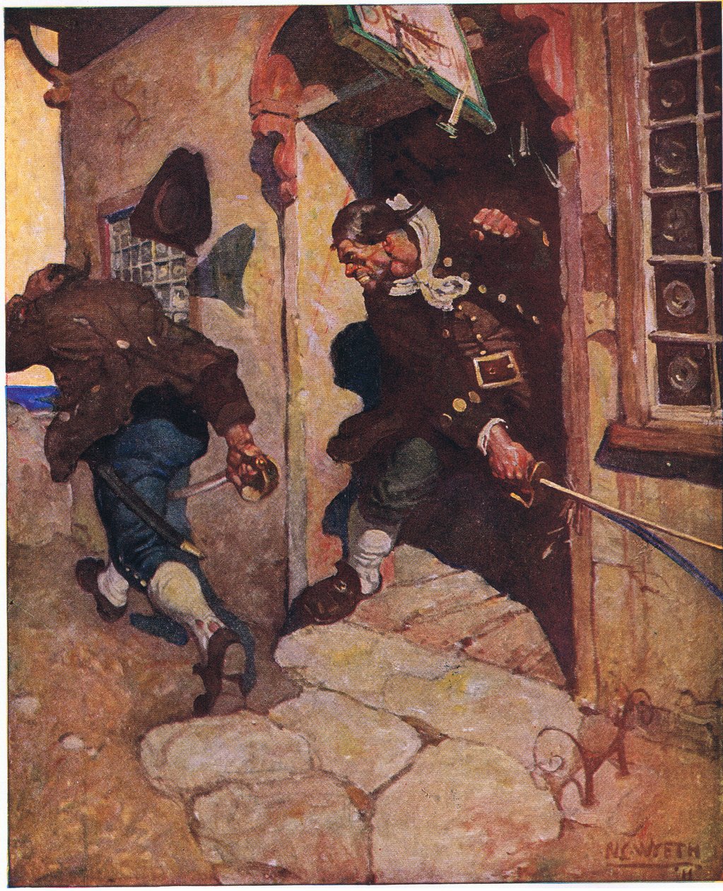 Kapitan Bones pokonuje Czarnego Psa: Jedno ostatnie drżące cięcie rozłupałoby go, gdyby nie zostało przechwycone przez nasz wielki szyld autorstwa Newell Convers Wyeth