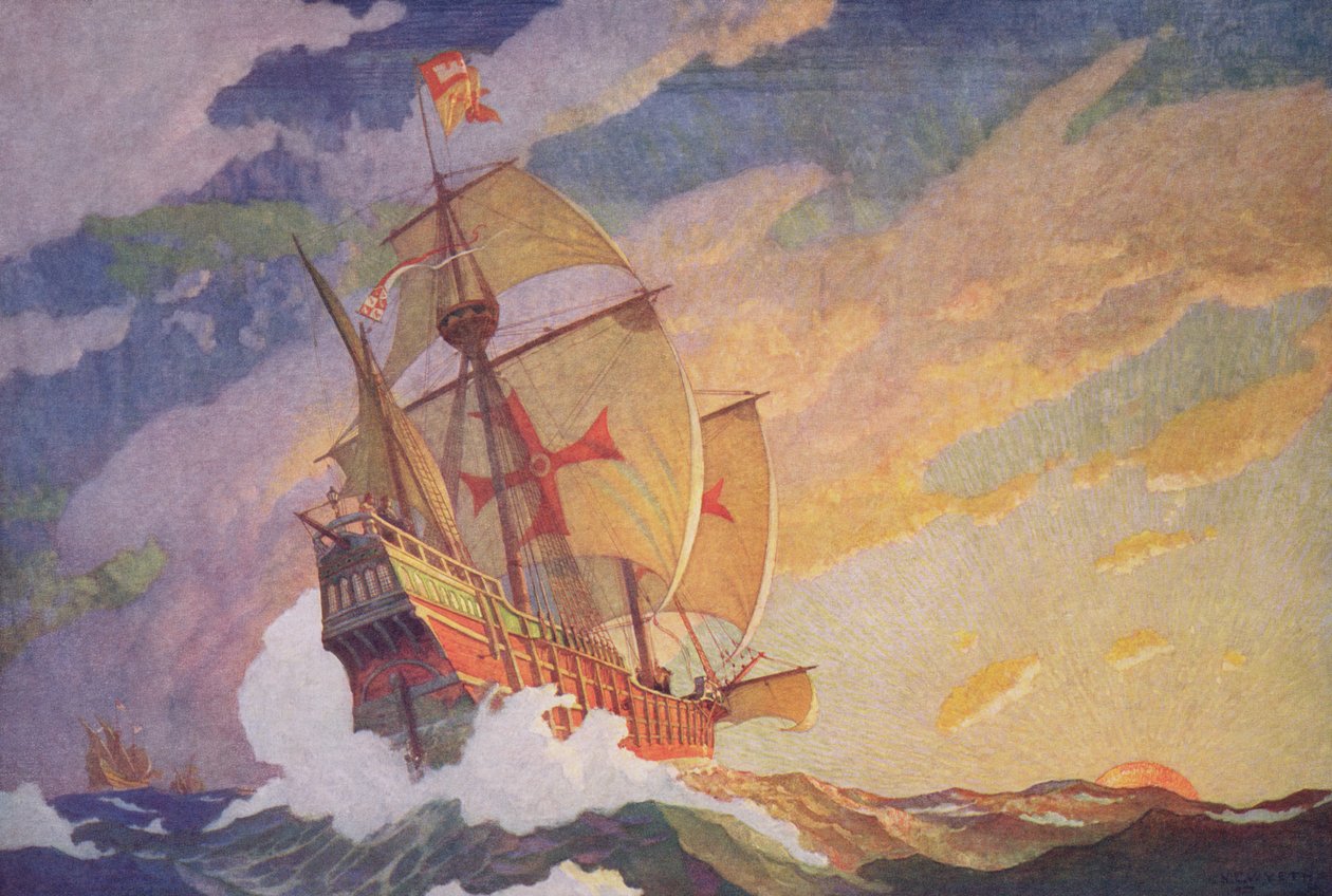 Kolumb przekraczający Atlantyk, 1927 (druk) autorstwa Newell Convers Wyeth