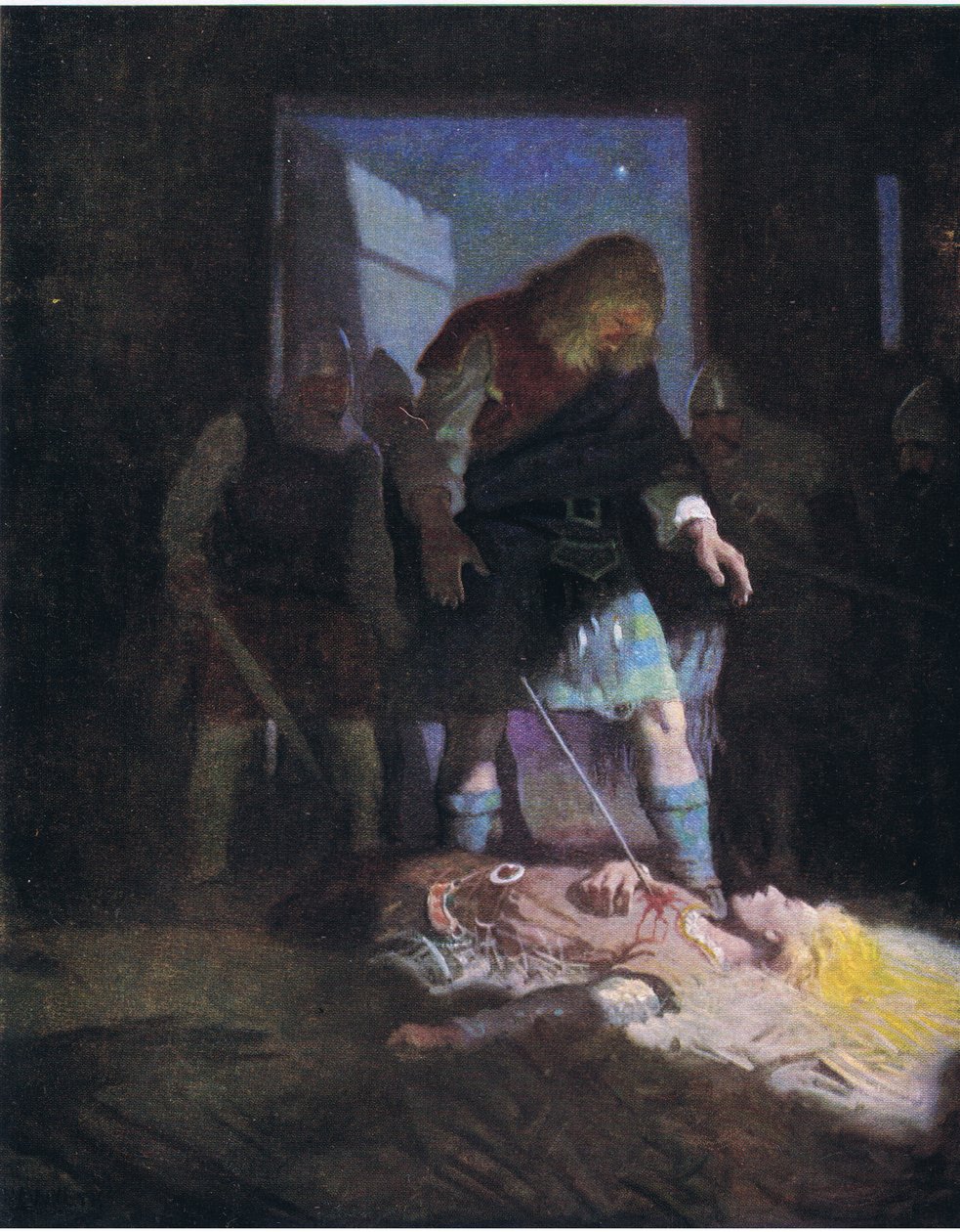 Śmierć Edwina, z książki The Scottish Chiefs opublikowanej przez Charles Schribners Sons, 1930 autorstwa Newell Convers Wyeth