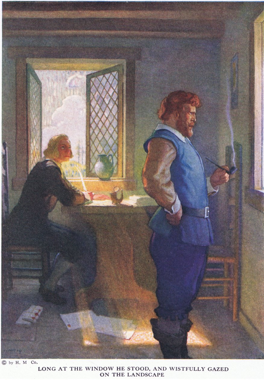 Długo stał przy oknie i tęsknie wpatrywał się w krajobraz autorstwa Newell Convers Wyeth