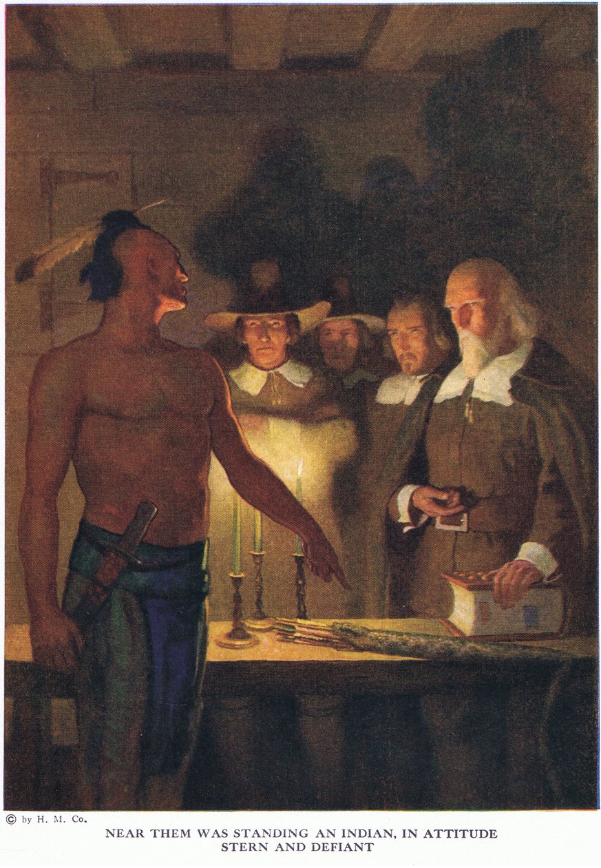 Obok nich stał Indianin w postawie surowej i wyzywającej autorstwa Newell Convers Wyeth