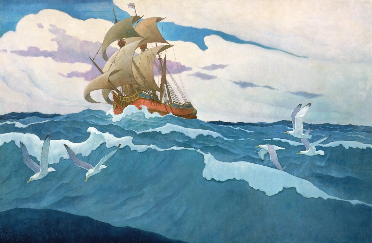 Przybycie statku Mayflower w 1620 r., 1941 r. autorstwa Newell Convers Wyeth