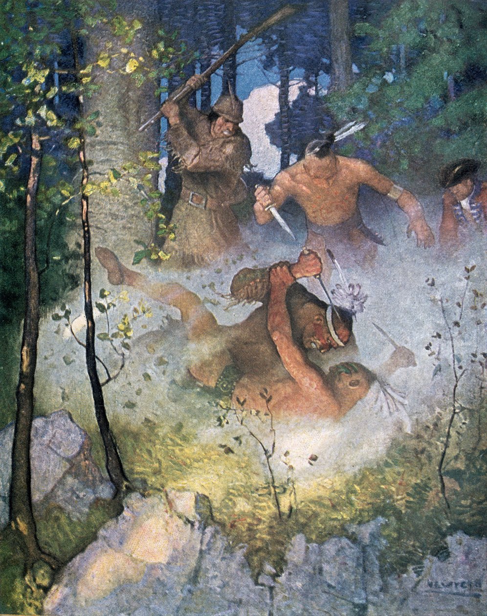 Walka w lesie", ilustracja z "Ostatniego Mohikanina" Fenimore