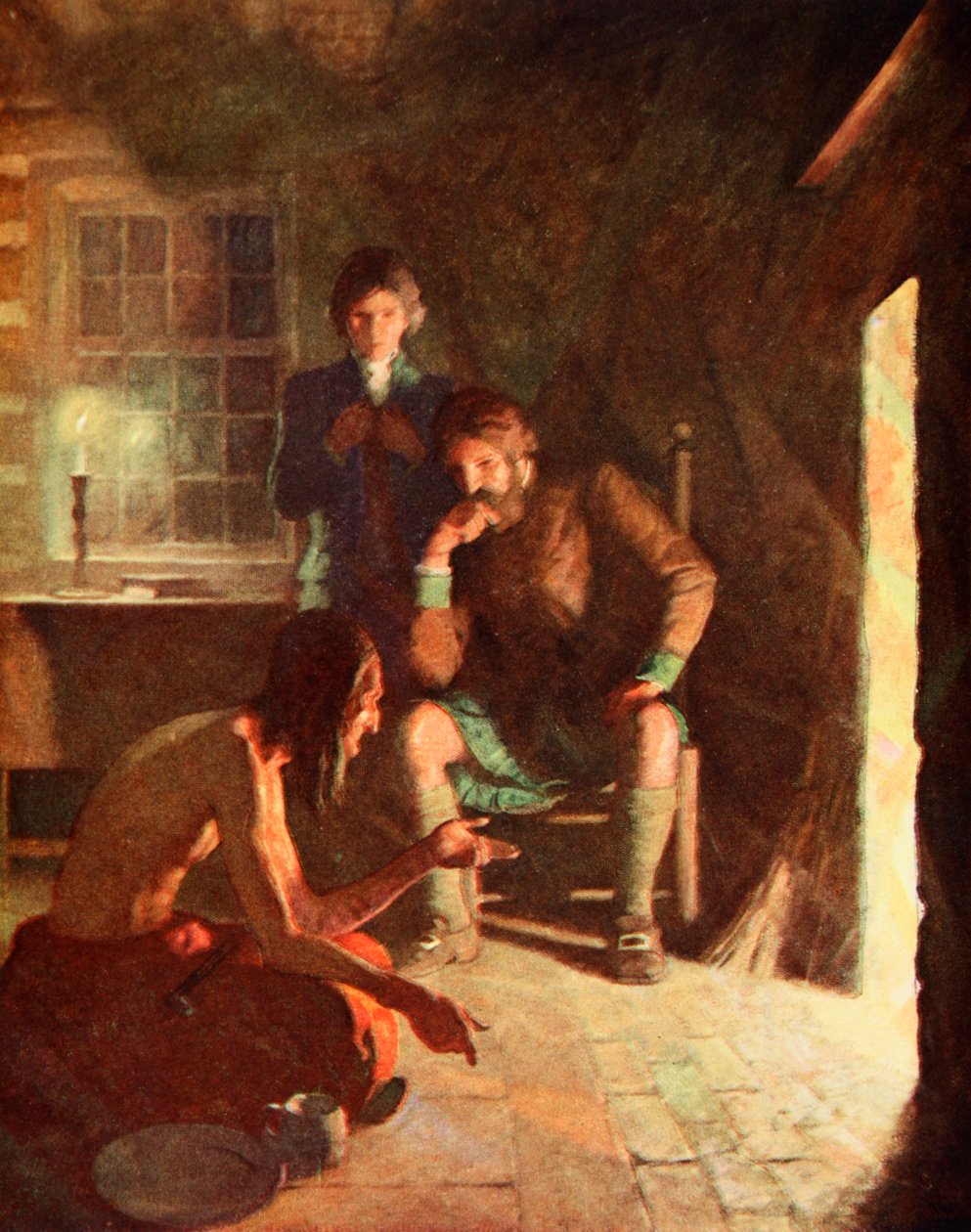 Spotkanie Indian Długomyśli we wczesnym domu osadników (kolor lito) autorstwa Newell Convers (after) Wyeth