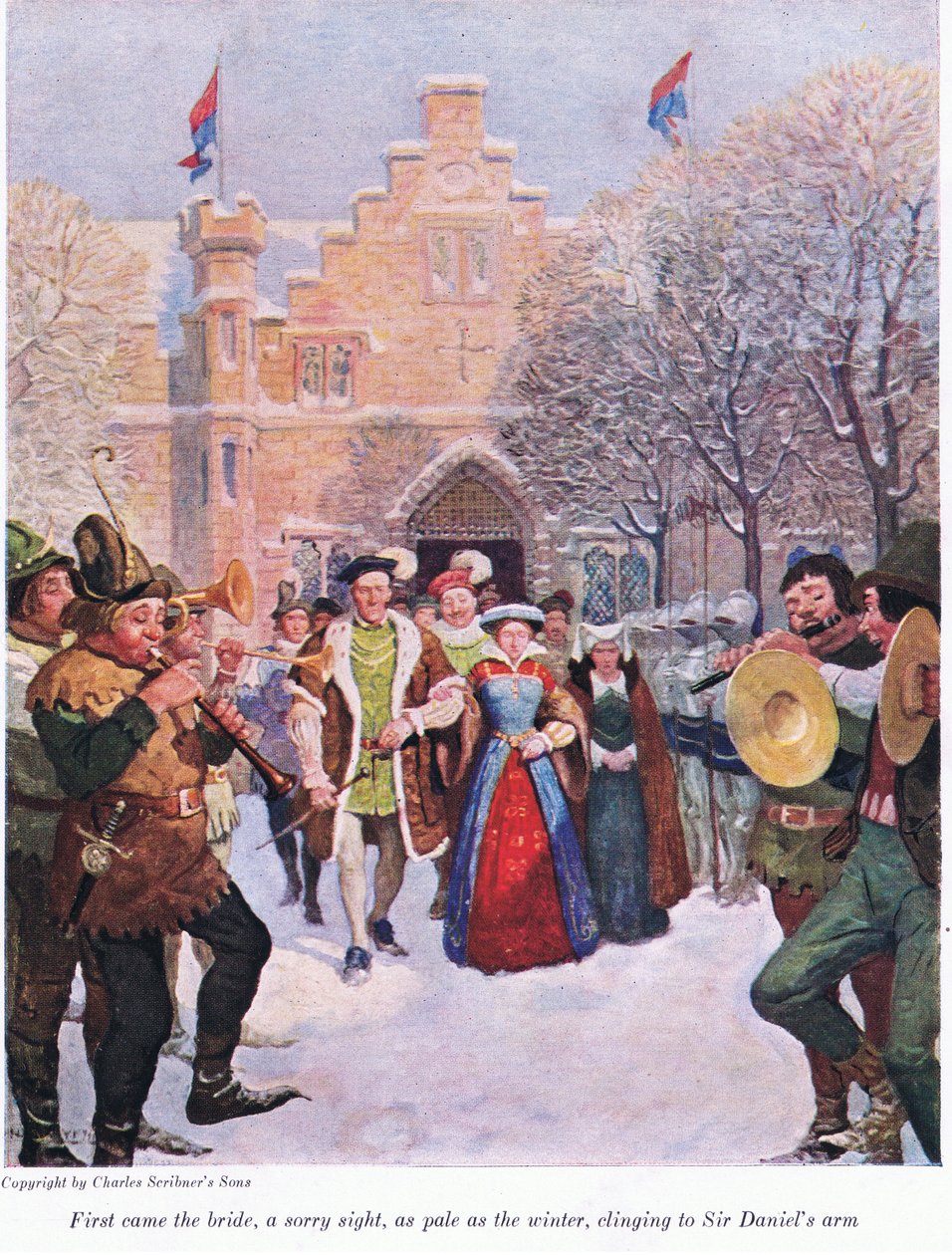 Najpierw przyszła panna młoda, smutny widok, blady jak zima, przytulona do ramienia Sir Danielsa, 1916 autorstwa Newell Convers Wyeth