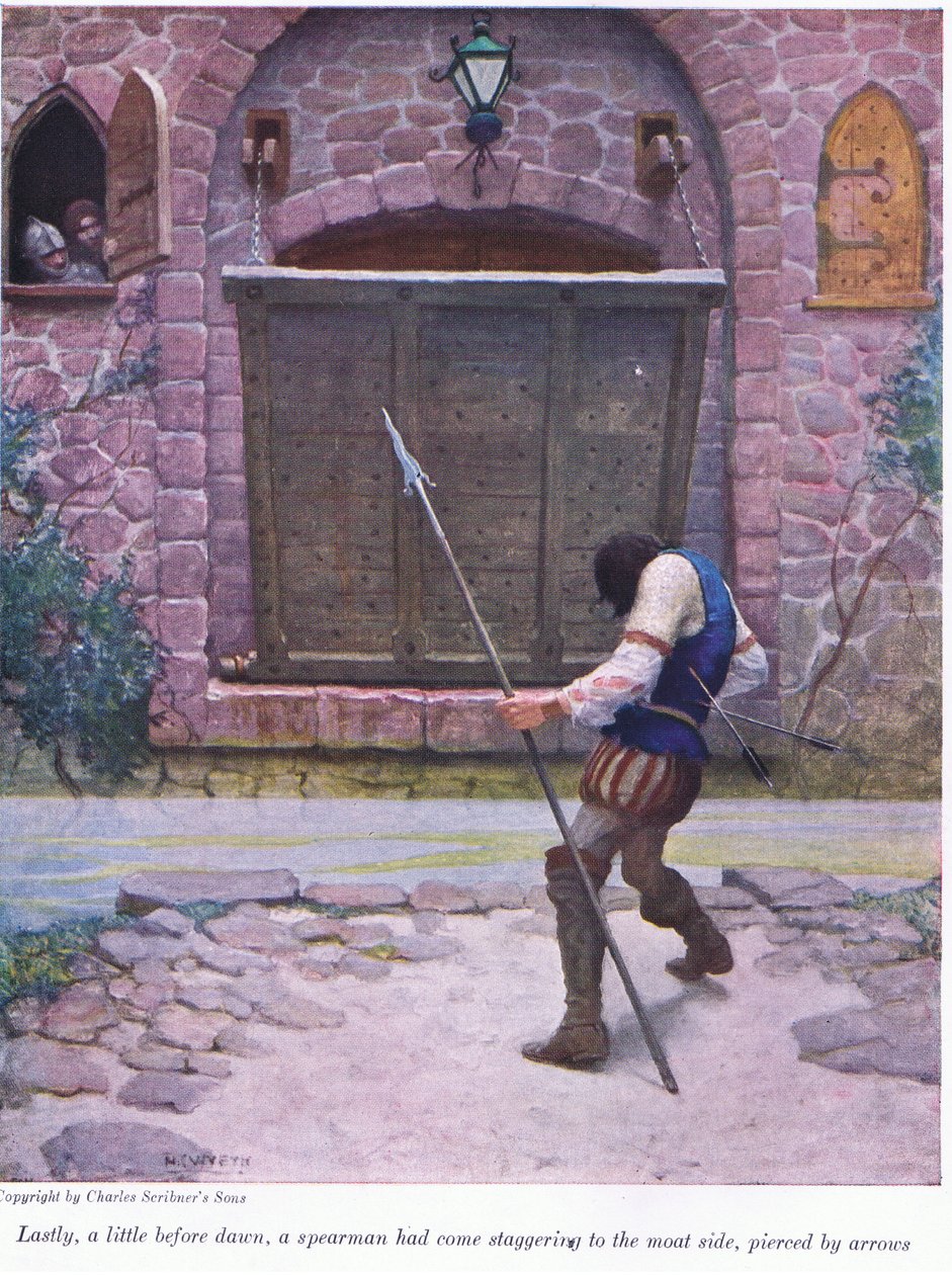 Wreszcie tuż przed świtem włócznik przeszył strzałami, chwiejąc się od strony fosy, 1916 autorstwa Newell Convers Wyeth